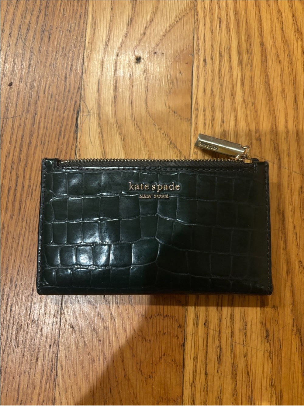 kate spade Croc-Embossed Leather Zip Card Case - Dark Green